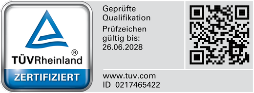 TÜV Rheinland, Geprüfte Qualifikation. Prüfzeichen gültig bis 26.06.2028, ID 0217465422. Öffnet den Eintrag bei der Prüfstelle.